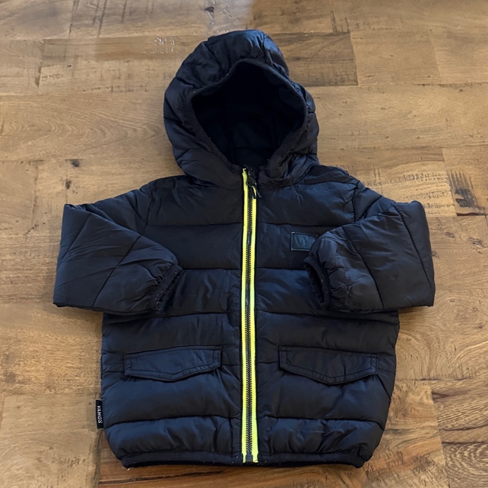 VAMO Black puffer mid season Jacket Neon Yellow Zipper size 18 months